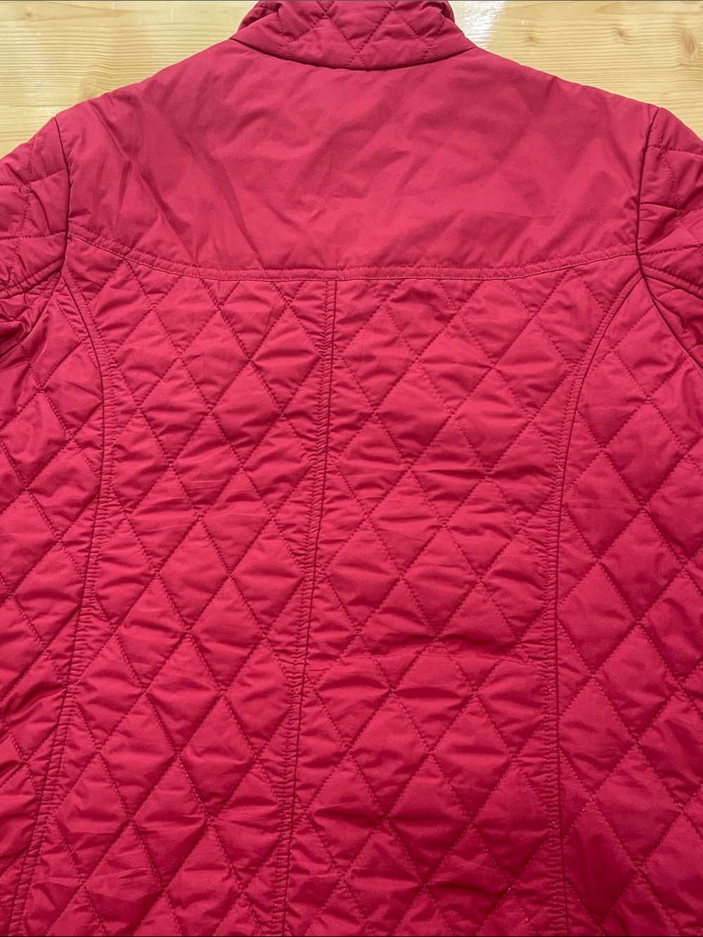 Lands’ End Cranberry Red Diamond Quilted Barn Jacket, Dark Brown Trim - Size L - Picture 13 of 16